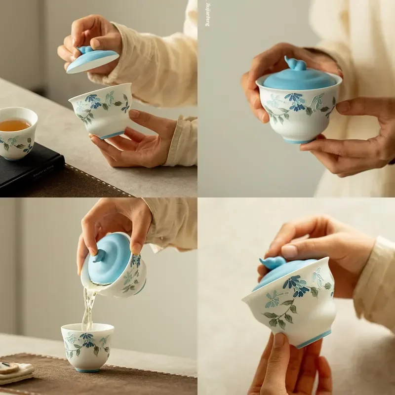 

【CHIMU HOME】 Hand-painted Blue Laurel Cover Bowl Snowflake Underglaze Color Gourd Single Gaiwan Maker Light