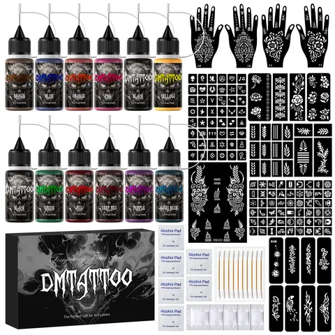 Temporary Tattoo Kit Semi Permanent Tattoo 6/12 Bottles Color Temporary Tattoo Ink 145/176 Pcs Stencils Kit for DIY Fake Tattoos