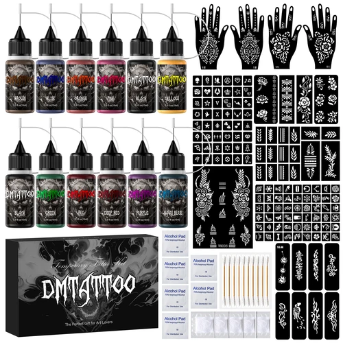 Kit de tatuaje temporal, tatuaje semipermanente, 6/12 botellas, tinta de tatuaje temporal de Color, 145/176 Uds., Kit de plantillas para tatuajes falsos DIY