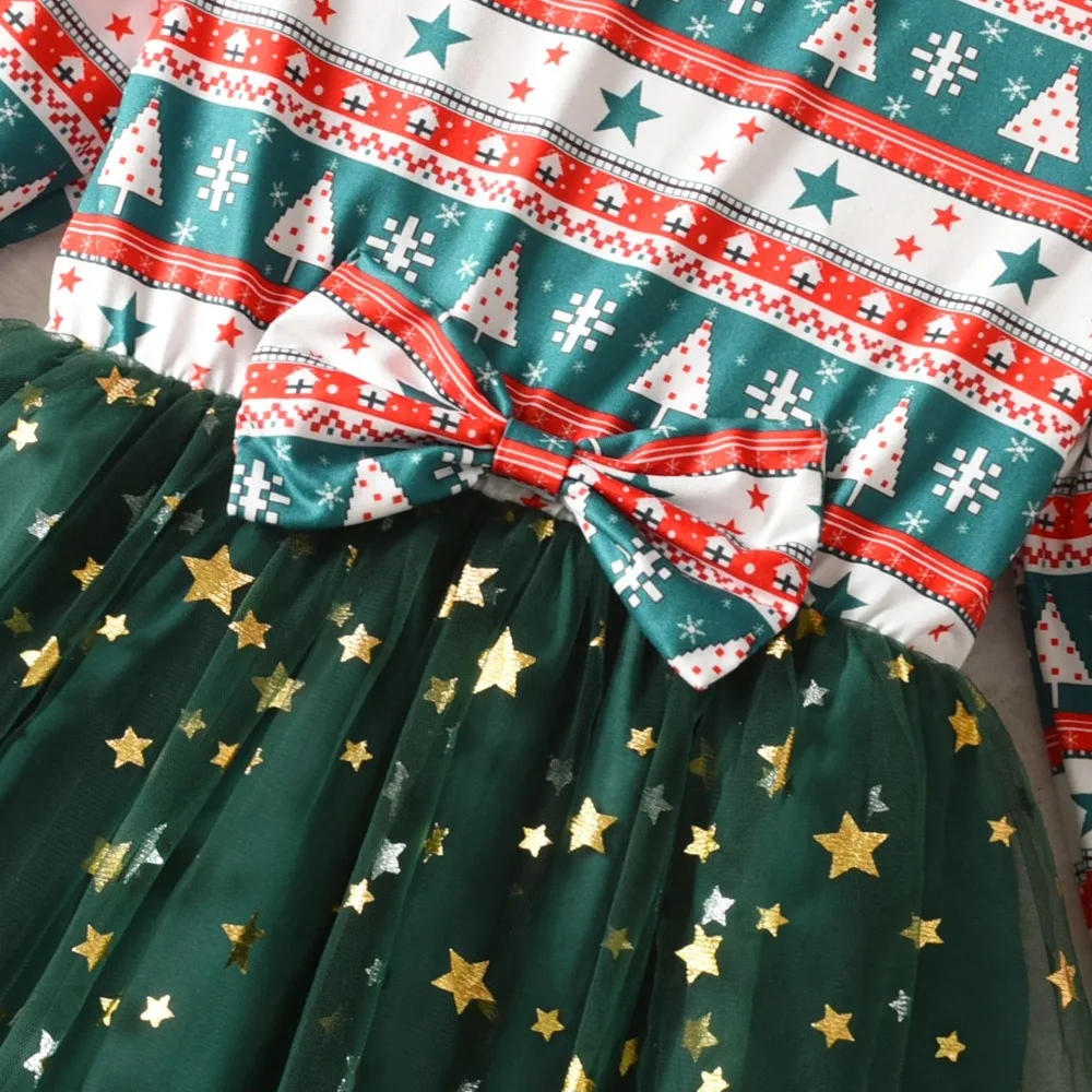 فستان شجرة عيد الميلاد اللطيف 2025 عطلة ملابس الأطفال الخريف جديد بأكمام طويلة القوس المرقعة ستار شبكة الفتيات فساتين