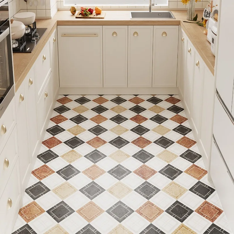

Bustling Checkered Tiles Carpet PVC Leather Kitchen Foot Mats Anti-slip Durable Floor Mat Oil-resistant Washable Easy Clean Rug
