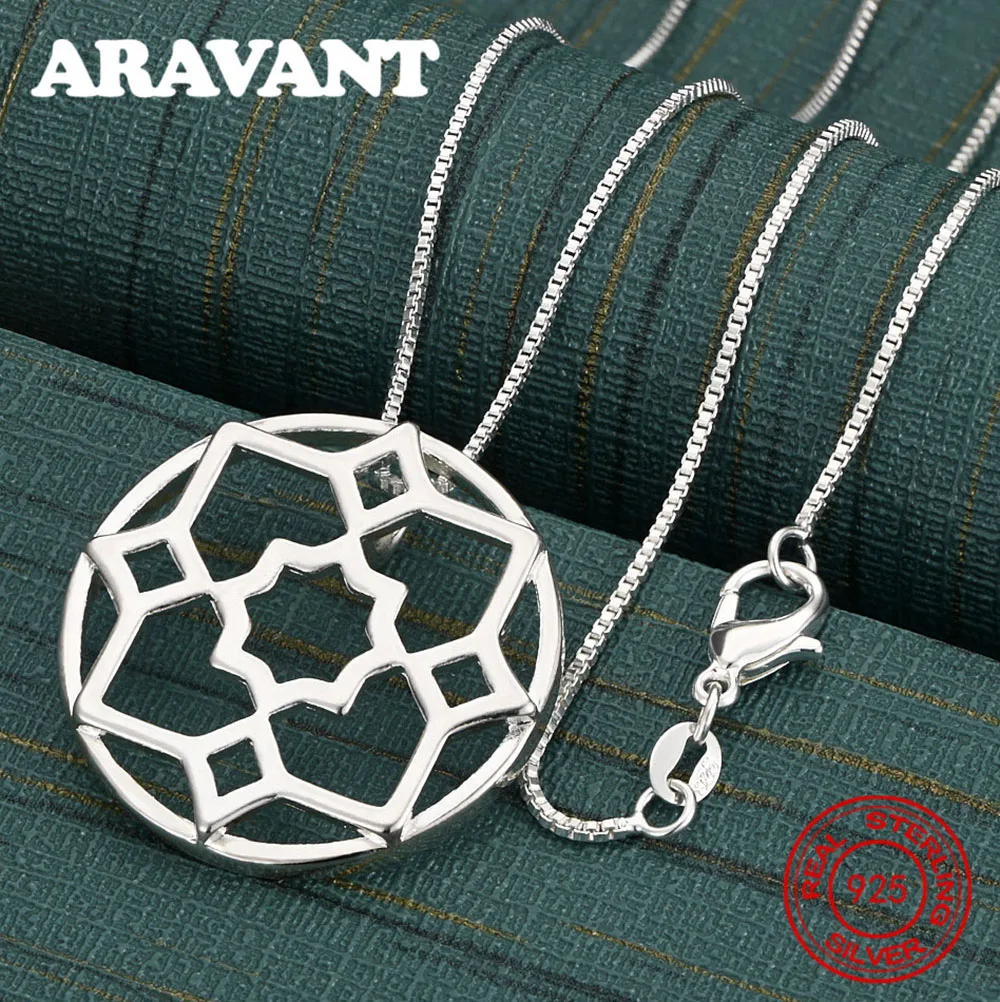

925 Sterling Silver Circular Hollow Geometric Pattern Pendant Necklace For Women, Vintage Style, Personalized Accessory, Gift, J