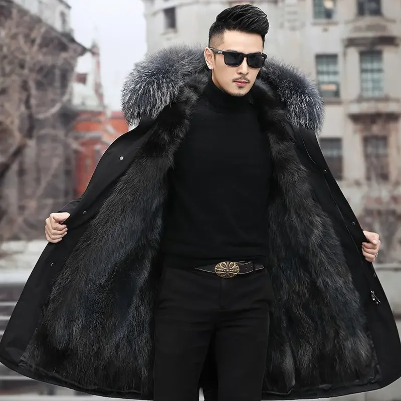 Thick Warm Coat Men Winter Coat  Winter Men\'s Parker Coat Medium and Long Fur In One Thermal Fur Jacket Men\'s Detachable Liner