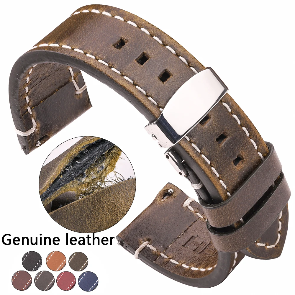 

Vintage Oil Waxed Cowhide Genuine Leather Watch Band 18mm 20mm 22mm 24mm 7 Colors Deployment Clasp Bracelet Women Men Strap