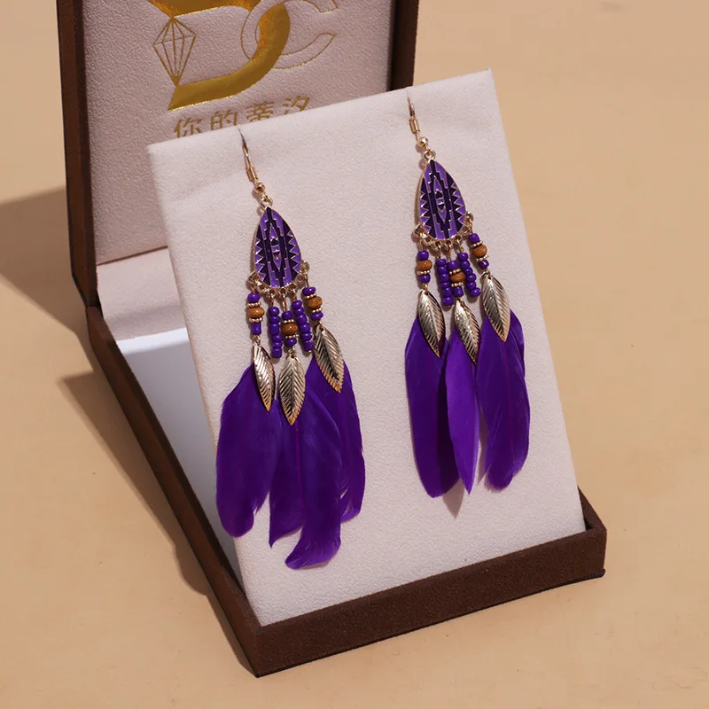 Bohemian Ethnische Lange Feder Ohrringe Boho Wasser Tropfen Gold Farbe Kette Quaste Ohrringe für Frauen Braut Hochzeit Schmuck – Detail 21