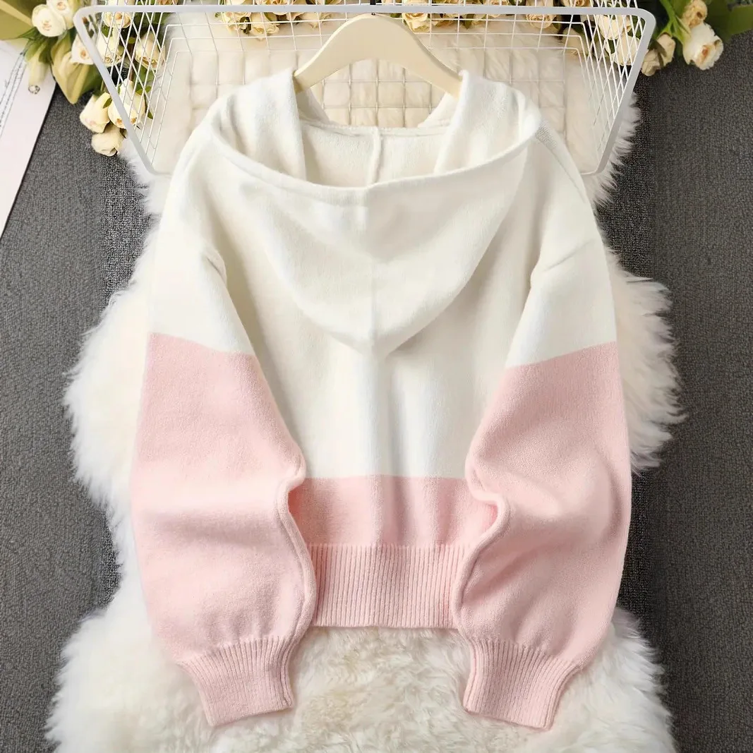 Women Knitted Spliced Cardigan Hooded Sweaters Drawstring Long Sleeves Single Breasted Loose Elegant Casual Autumn Winter 2026