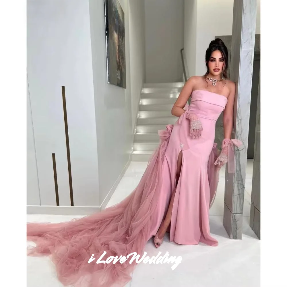 Pink Strapless Evening Dresses 2025 Sleeveless Backless Mermaid Beaded Gloves Split Sweep Train Floor-Length Pleated Customized