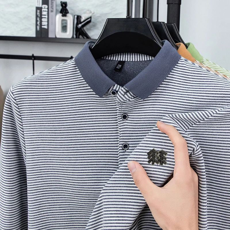 

Striped Polo Shirt Men's Long Sleeved T-shirt Business Wear Leads The 2025 New German Velvet High-end Fashion Top