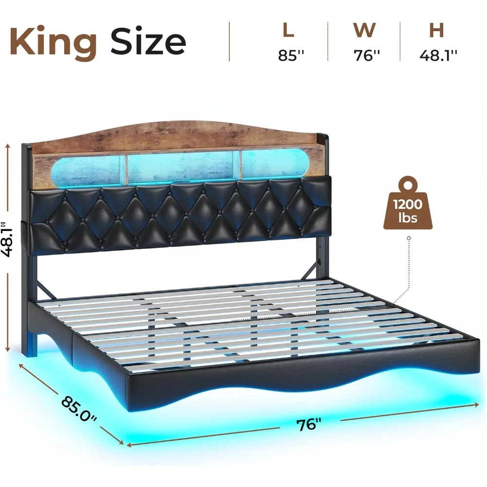 Zwevend Bedframe Kingsize Met Laadstation En Verborgen Opberghoofdeinde, Gestoffeerd Platformbed Met Rgb Led-Verlichting