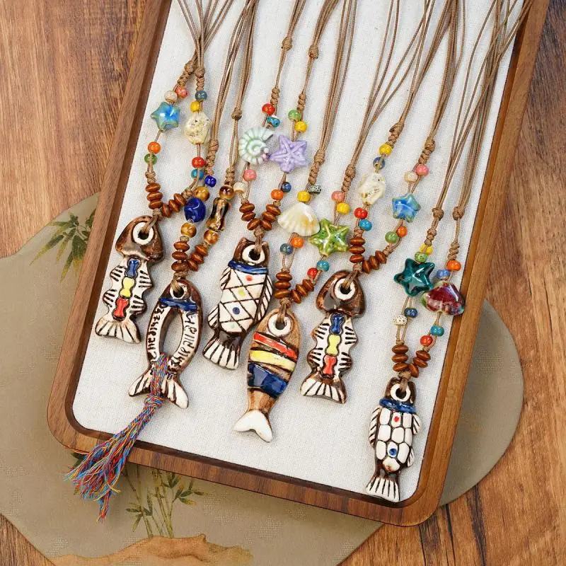 New【Ethnic Style Ceramic Fish Necklace Women Girls Chinese Style Ceramic Bead Long Sweater Chain Fashion Jewelry Accessory Gift】