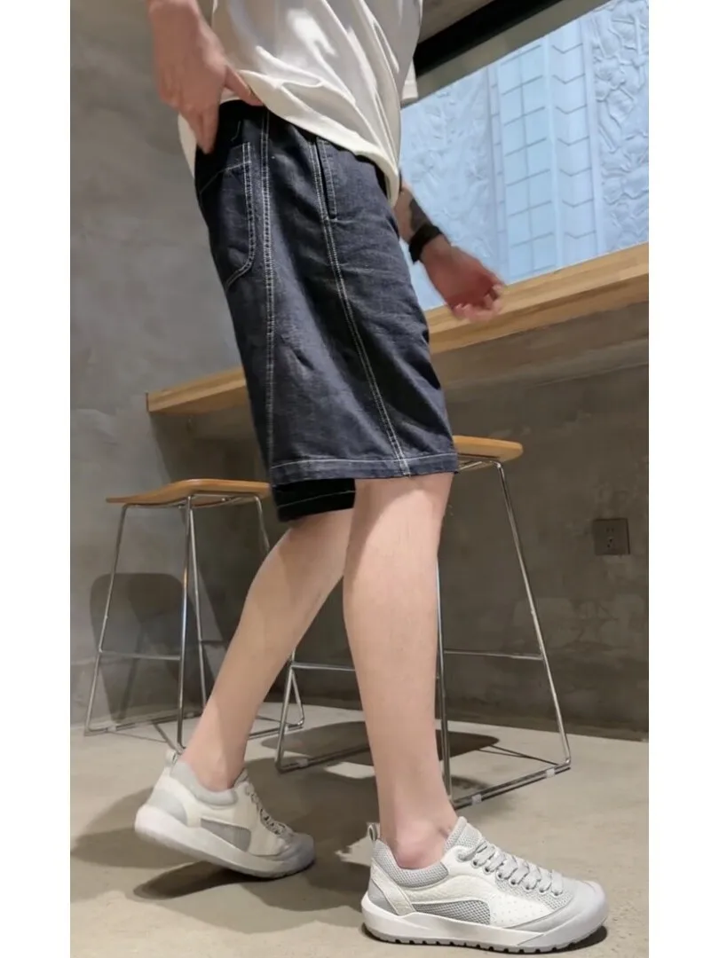 Summer Men's Casual Loose Fit Denim Shorts Heavy Washed Cotton Pure Color Soft Five-Quarter Length Trendy mid Waist