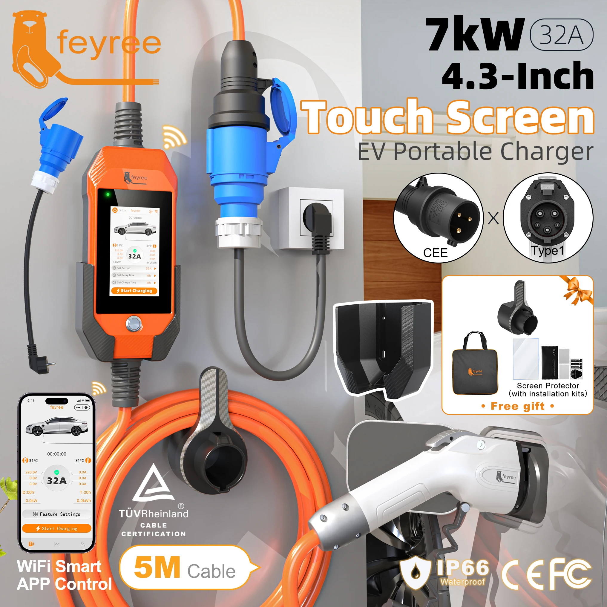 Feyree Type1 32A 7kW 1 Phase 4.3'' Touch Screen Portable EV Charger, Smart APP Wi-Fi Control, History Charging Log for EV Cars