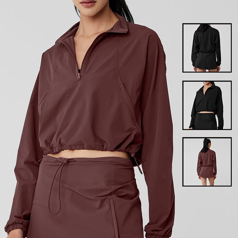 Women Yoga Sports Long Sleeve Crop Tops A-line Tennis Skirt for Golf Pickleball Athletic Skorts Zipper Collar Shirts Fitness Set