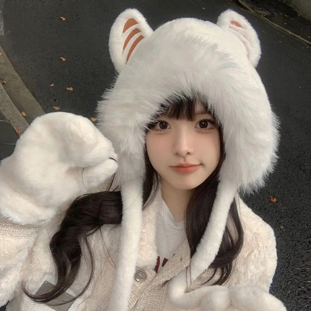 Winter Scarf Hat Sets for Women Cute Tiger Ears Furry Thick Hooded Fur Bonnet Plush Thicken Neck Warmer Scarves Two-Piece Set