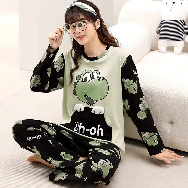 Autumn Cartoon Dinosaur  Women Men Pajama Set Couples Sleepwear Korean Loose Unisex Pijamas Mujer Long Sleeve Cotton Pyjama