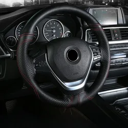 Top Layer Leather Braiding Cover for Steering Wheel,38CM Universal Car Steering Wheel Covers,Hand-stitched Non Slip Handle Cover