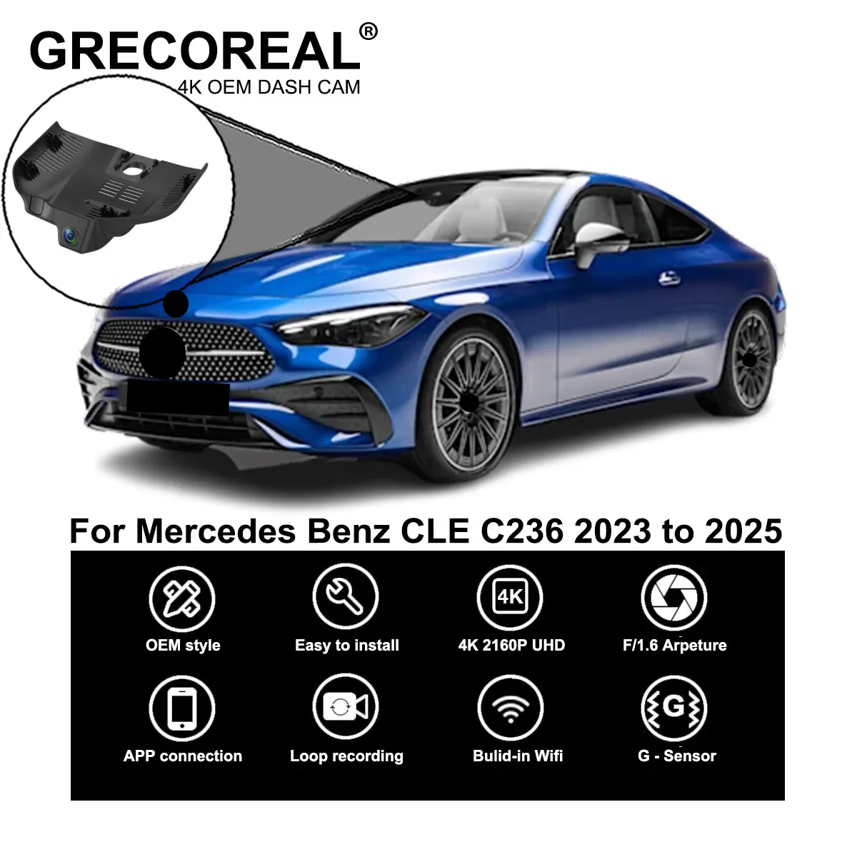 

GRECOREAL 4K Dash Cam Front Rear 2160P WiFi Car Camera Dual Dashcam APP Control Plug Play Compatible with Mercedes Benz CLE C236