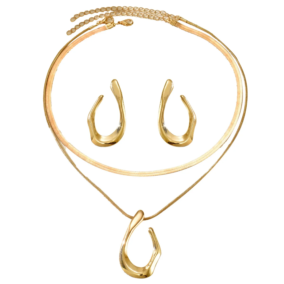 3-teiliges Set Modischer Goldfarben Ovaler Anhänger Halskette Ohrringe Schmuckset für Frauen Luxuriöses Übertriebenes Hochzeits-Party-Geschenk – Detail 4
