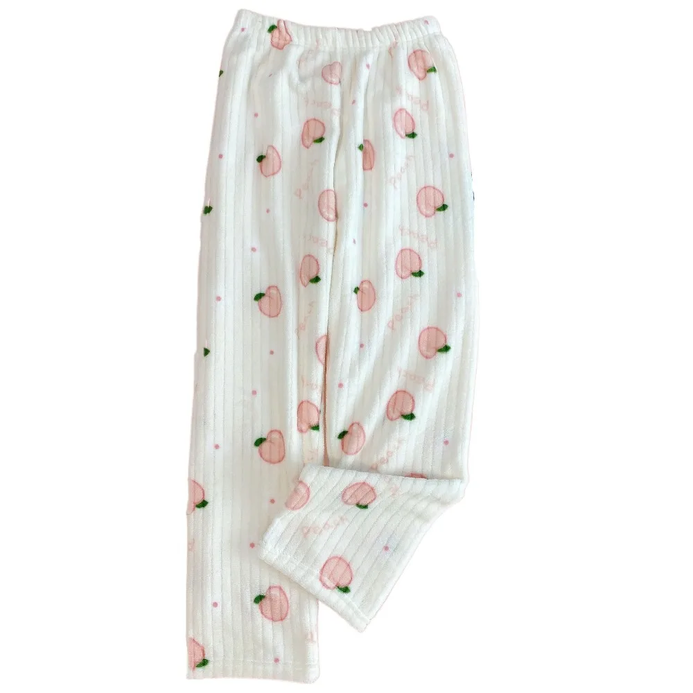 Ins Bowknot Peach Pajama Pants Nightwears Loose Flower Fleece Trousers Sweet Elastic Fabric Coral Fleece Pants Sleepwear