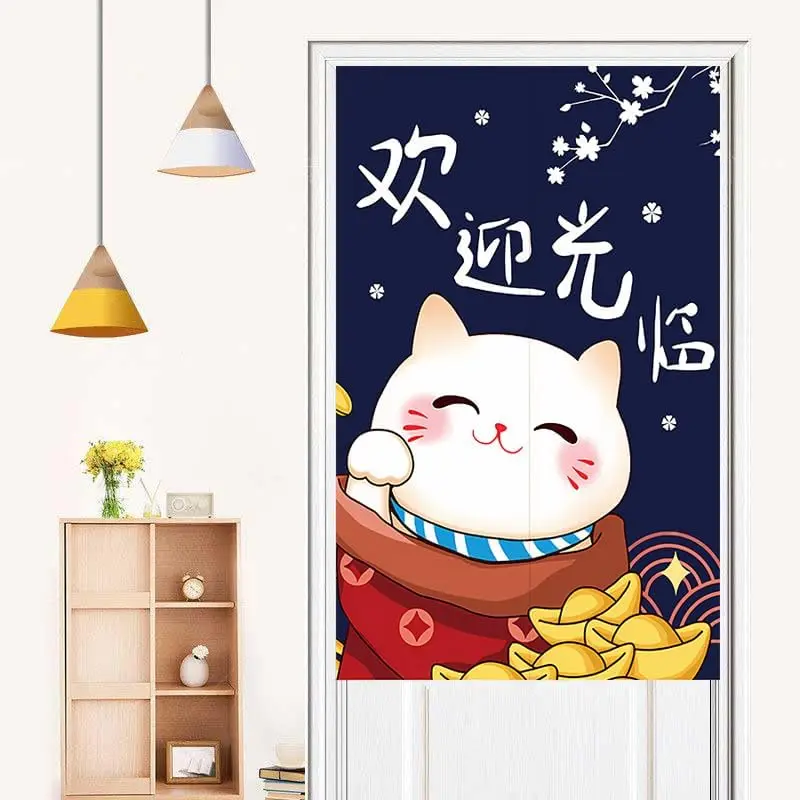 Welcome Lucky Cat Noren Curtain, Japanese Style Navy Background Print, Auspicious Room Divider With Maneki-Neko & Gold Details