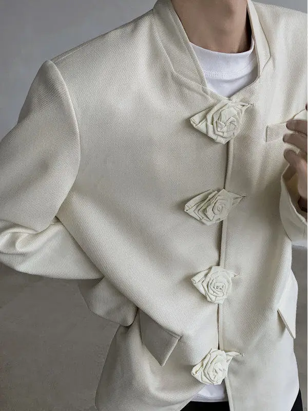 

Autumnal Loose Fit Rose Buttoned Waistcoat Men's Fashion Casual Long Sleeve Suit Jacket Classic Flat Collar Standard Length