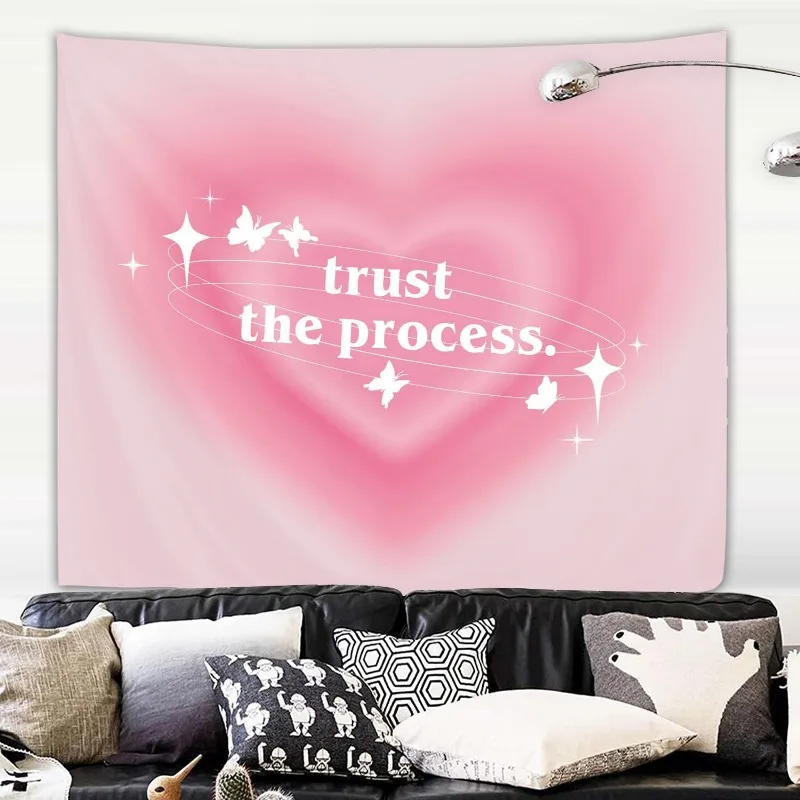 Inspirational Wall Tapestry Pink Aesthetic Decor Boho Room Art Motivational Quote Trust The Process Bedroom Wall Hanging