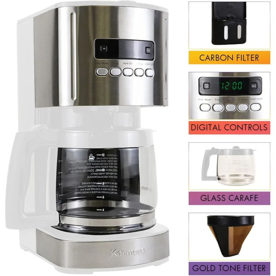 Kenmore Caffettiera a goccia programmabile da 12 tazze con caraffa in vetro per uso caffetteria e barista Caratteristiche Set di birra regolare e audace