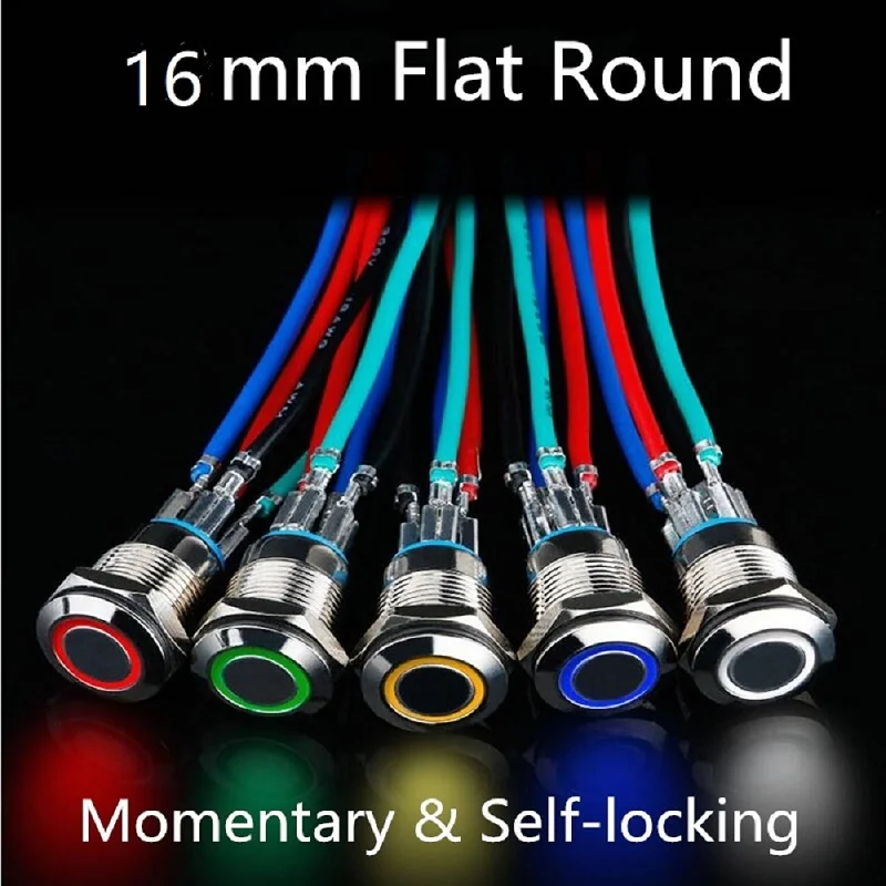 100PCS Metal Annular Push Button Switch 16mm 1NO Ring LED 3V 6V 9V 12V 24V 220V Self-lock Momentary Waterproof Car Auto Engine