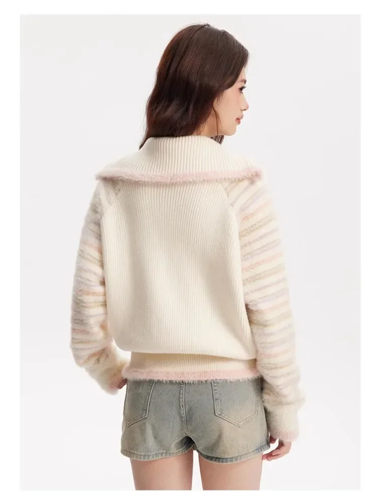 QWEEK Y2k Coquette Kawaii Stripped Cardigan Knitted Knit Cute Heart Love Letter Embroidery Sweater Women 2024 Autumn Fashion