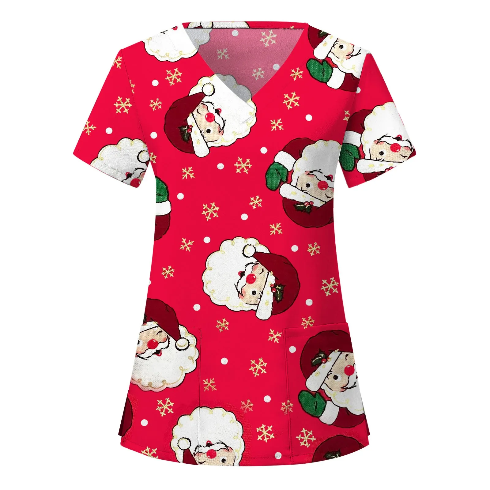 

Christmas Nurse Uniform Womens Short Sleeve V Neck Snowman Print Nurse Working Blouse Pockets Workwear Heathcare Tunic Scrubs