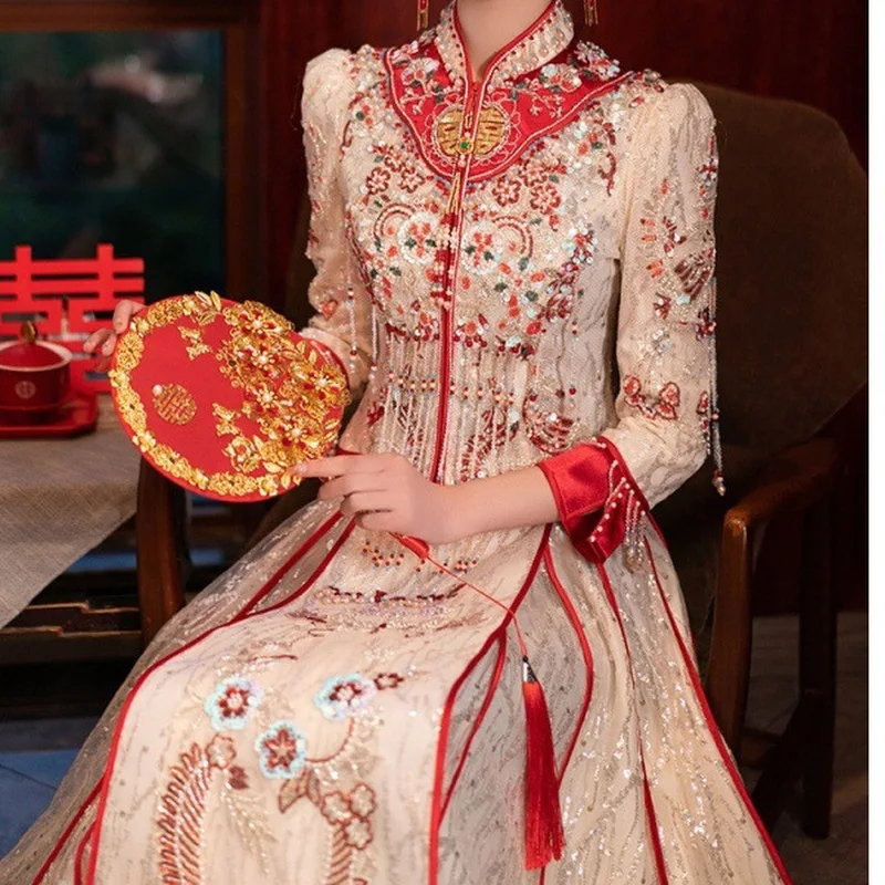 Champagne Senior Xiuhe Dress 2023 New Bride Chinese Traditional Wedding Dress Light Luxury Summer Thin Tang Suit Newly Married