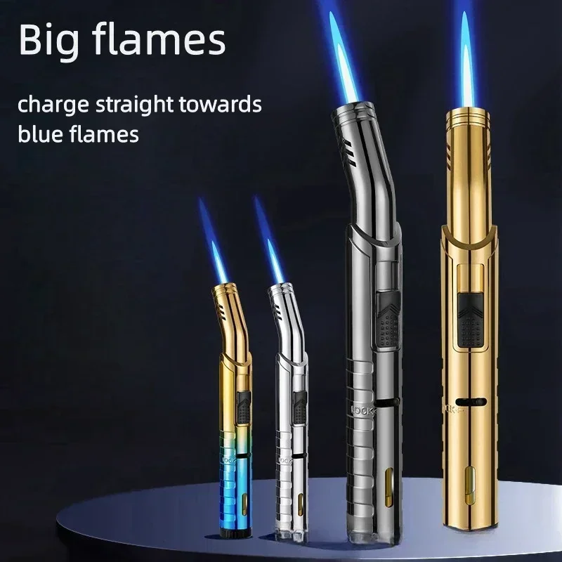 Outdoor Windproof Barbecue Igniter Metal Turbine Torch Blue Flame Butane Gas Lighter Kitchen Jewelry Welding Tool Safety Lock