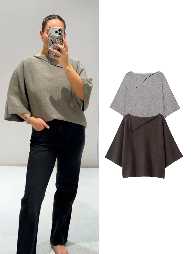 

Women Knitted Pullover Chic Lapel Collar Vintage Oversize Short Sleeve Knitwear Casual Solid Ladies Elegant knit Sweater