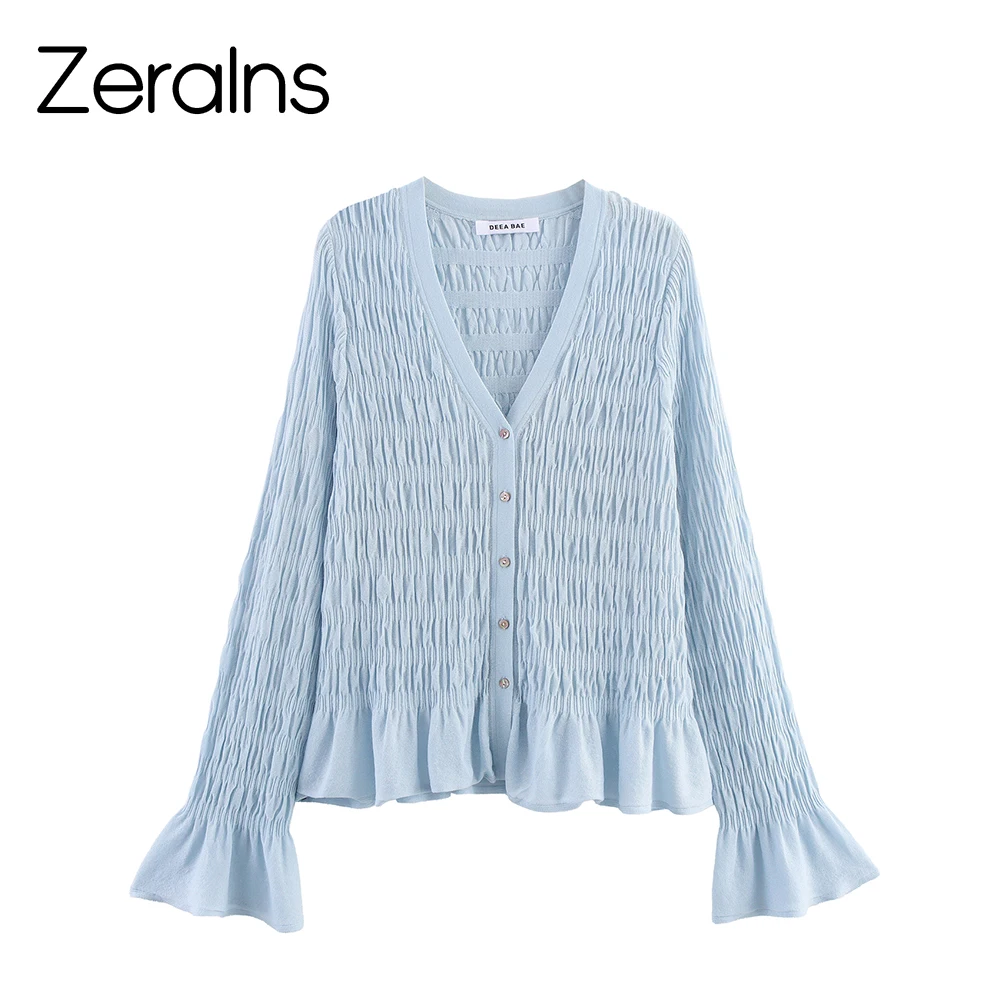 

ZERAINS Women's pleated design French V-neck diamond buckle hollow knit cardigan autumn unique flared sleeve sweater