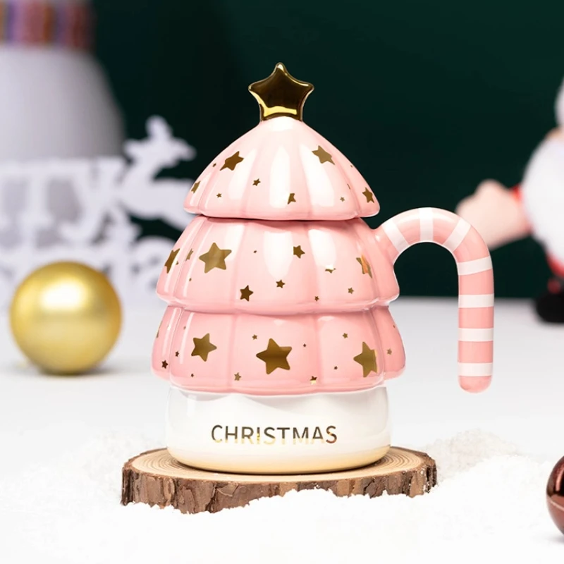 

Ins-style Christmas tree-shaped ceramic mug with lid,home and office afternoon tea coffee cup,festival decoration Christmas gift