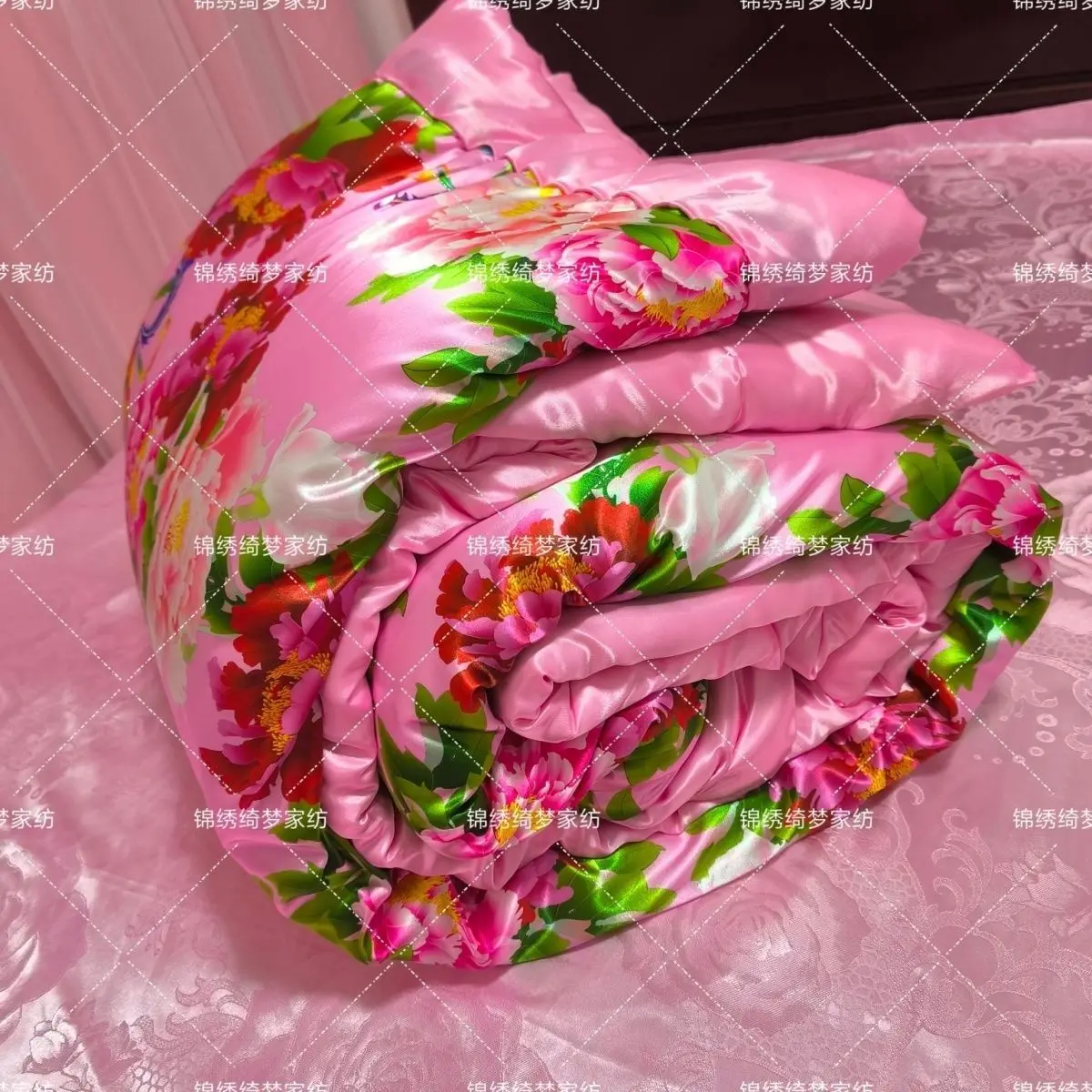 

No cotton filling Glossy satin silk cover with single-sided zipper Panel Ice cool floral print bedspread home bedding