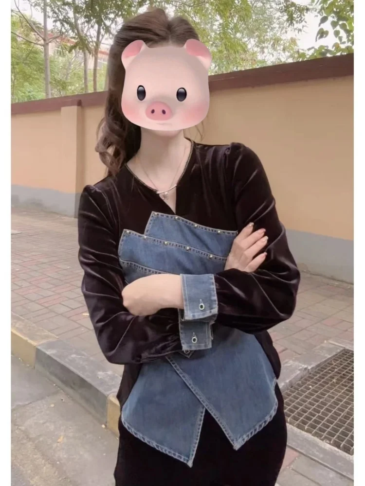 Faionable Patchwork Design irt polyvalent Sle coréen coupe ample longue effet amincissant tenue quotidienne haut pour femme