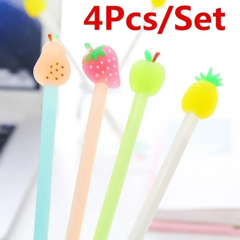 4 Pcs Kawaii Neutral Fruit Gel Pen Pears Pineapples Strawberries Korean Stationery Gifts Office Accessories Color Random