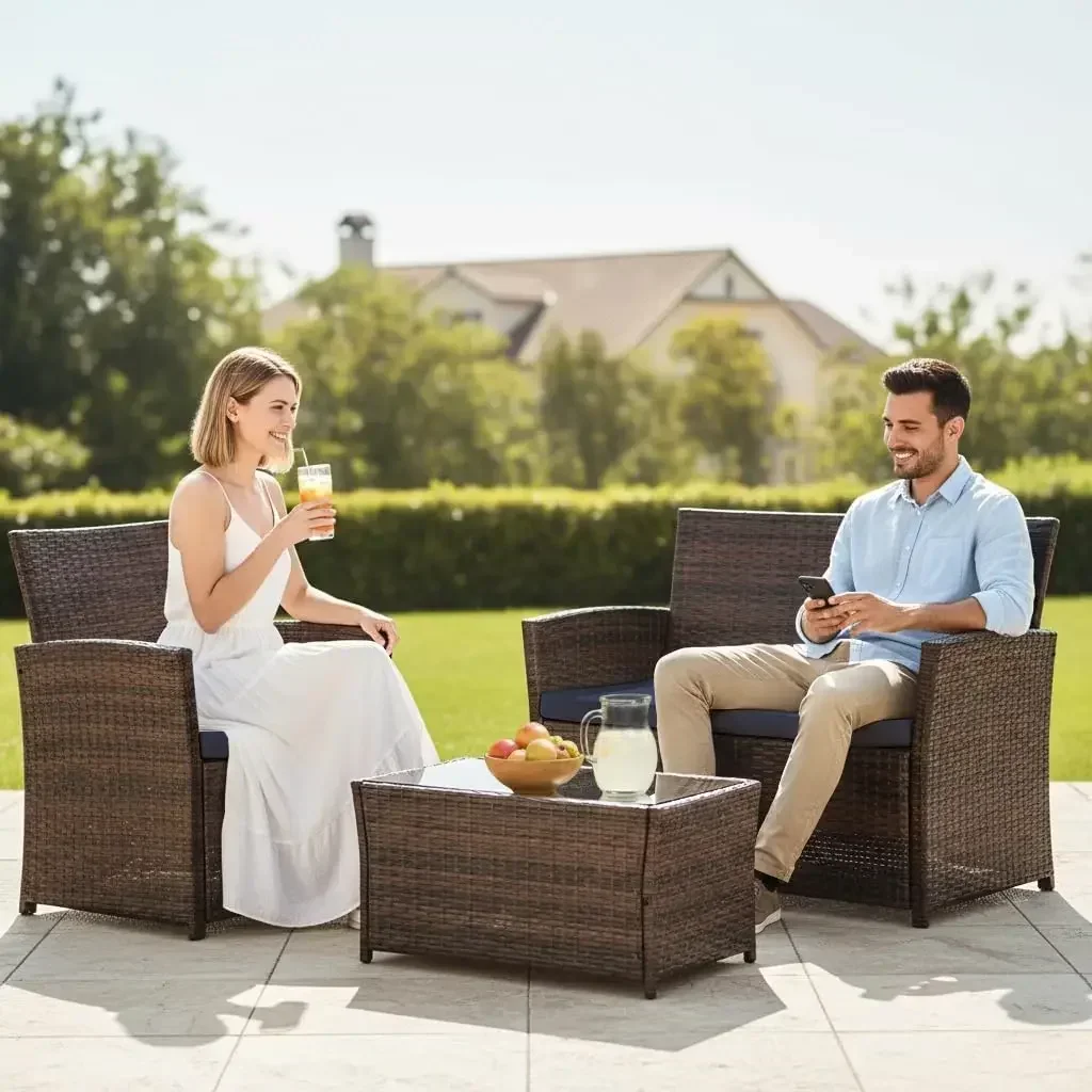 Eco-friendly 4 Piece Outdoor Patio Furniture Sets, Patio Sectional Furniture Conversation Sofa Set, Rattan Table And Chairs And