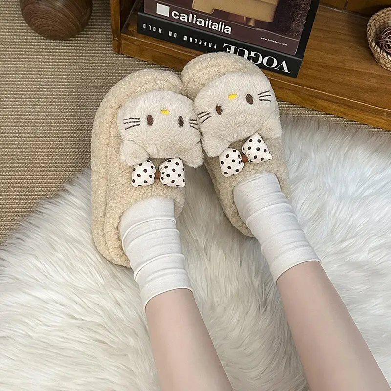 أنيمي لطيف Kt القط القوس مخطط المخملية المرأة نعال من القطن 2025 الخريف والشتاء الكرتون Kawaii المنزل الدافئة أحذية منزلية غير رسمية #3