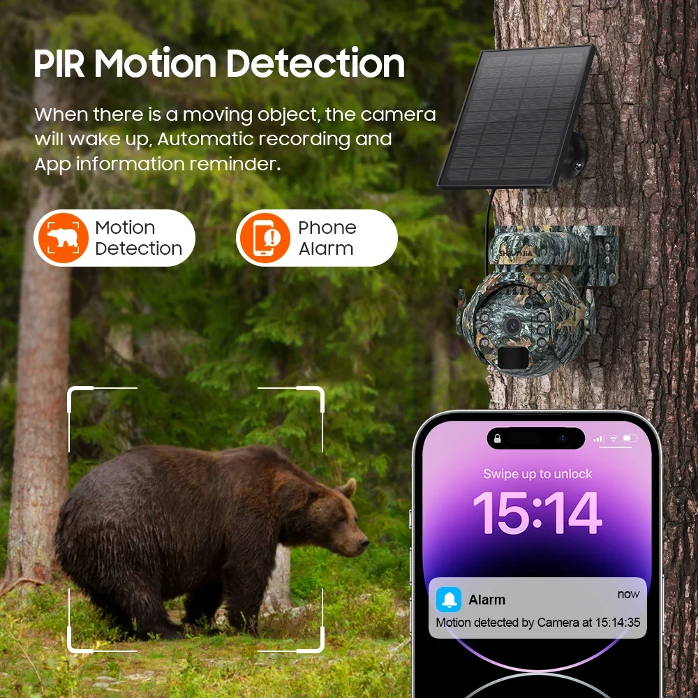 SHIWOJIA 4K 8MP 12X Zoom 4G Solar Security Cameras Wireless Outdoor 360° View Animal Monitoring Camouflage Color Battery PTZ Cam