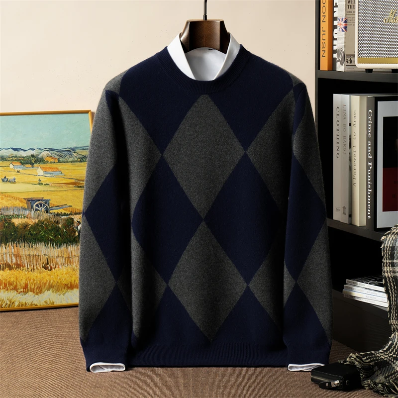

100% Pure Cashmere Sweater Men's Thickened Contrast Color Diamond Loose Knitwear Casual Base Sweater Outerwear