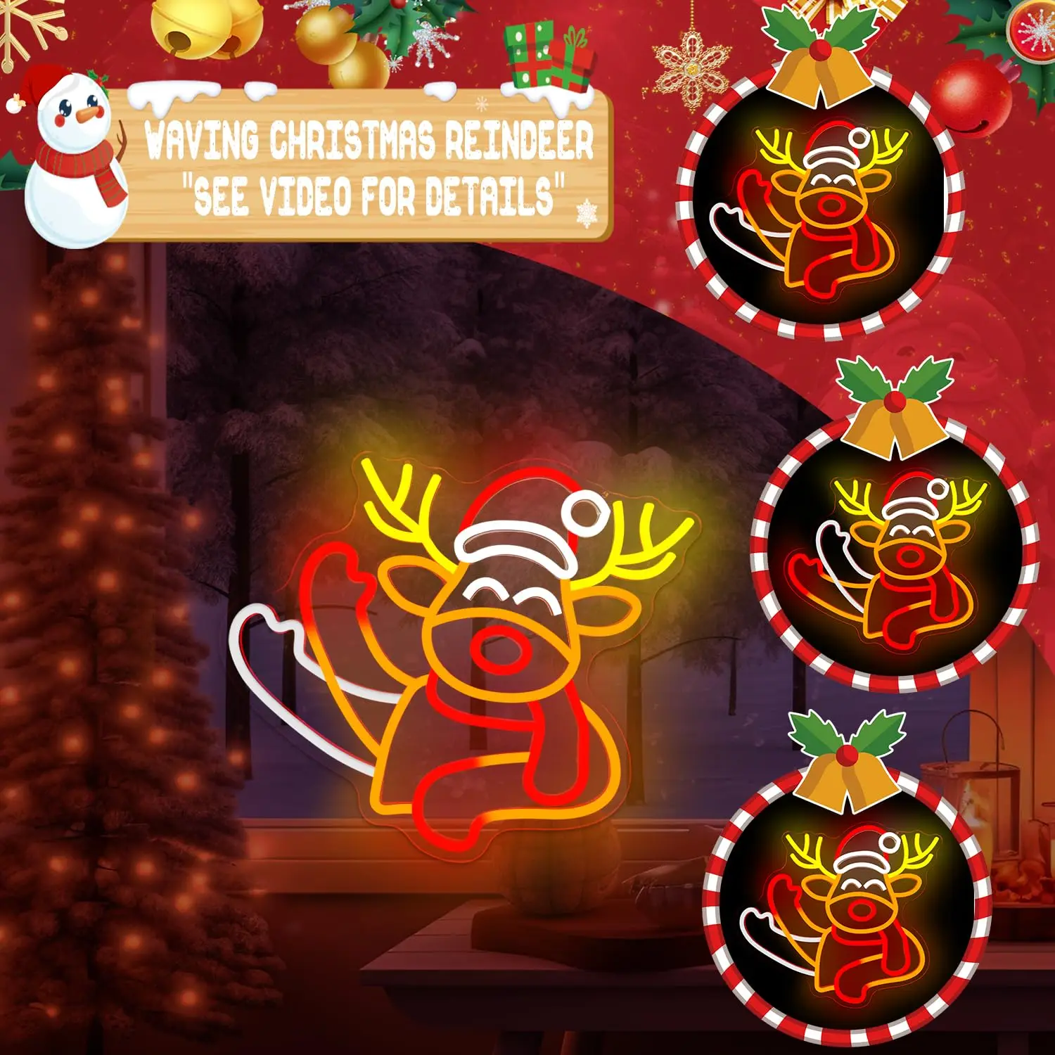 يلوحون الأيائل النيون مع قبعة عيد الميلاد لديكور الحائط وميض تصميم عكس الضوء الرسوم المتحركة الرنة تضيء تسجيل لنافذة المنزل P