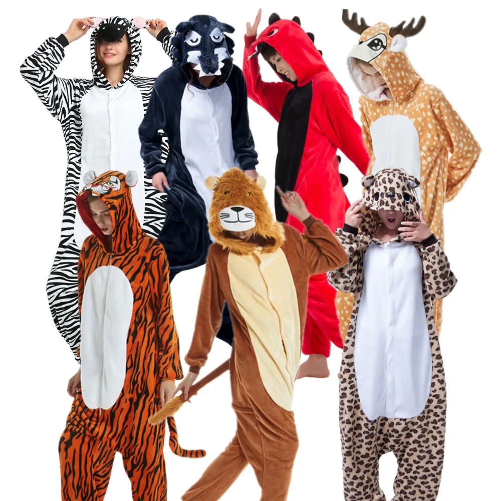 Animal Onesies Lion Tiger Leopard Wolf Fox Zebra Hippo Koala Bat Donkey Rabbit Chinchilla Frog Bee Penguin Dog Kigurumi Adult