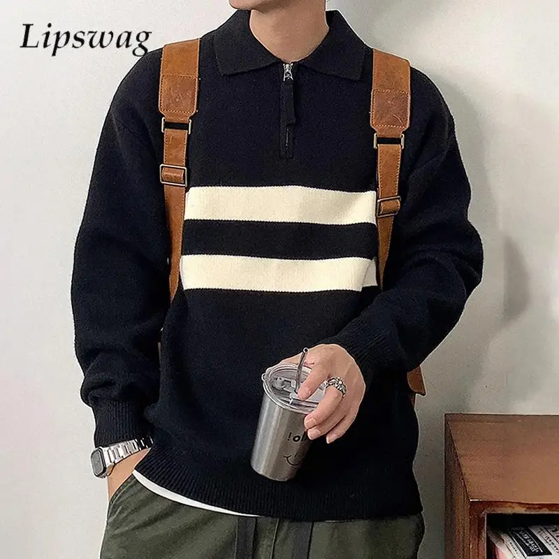 

Autumn Winter Daily Casual Mens Polo Sweater Knitting Contrast Color Striped Polo Shirts Vintage Zipper Turn-down Collar Jumper