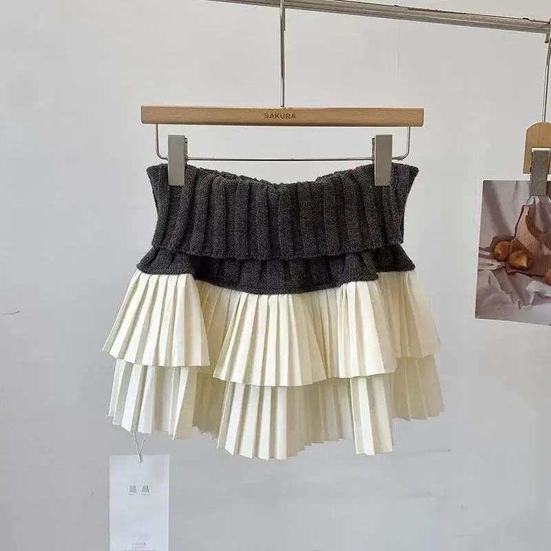 

Ladies New Lace Stitching Pleated Skirt Women's Autumn And Winter New Contrast Color High Waist Skirt Slim A Spice gGirl Skirt