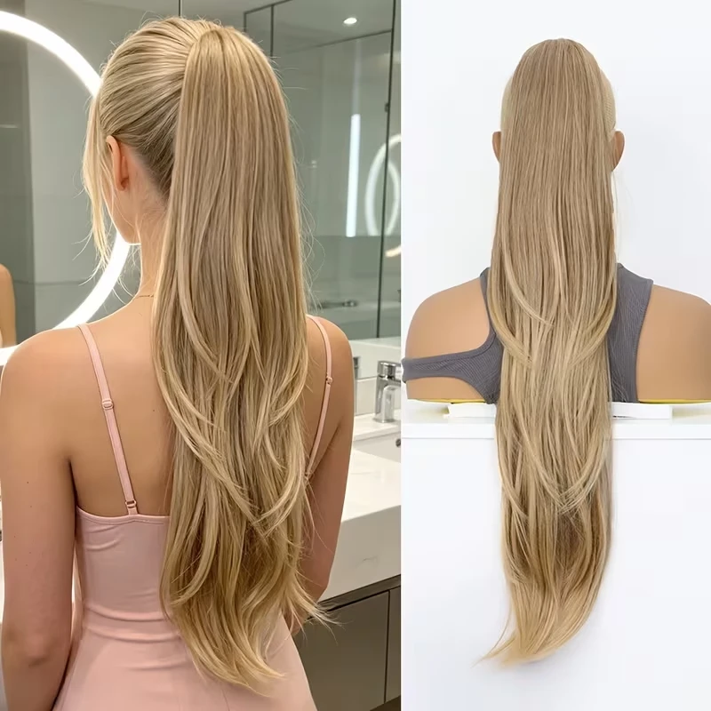 26Inch Synthetic Drawstring Ponytail Hair Extension Layered Slightly Upturned Hairpiece High Temperature Fiber Hair for Women