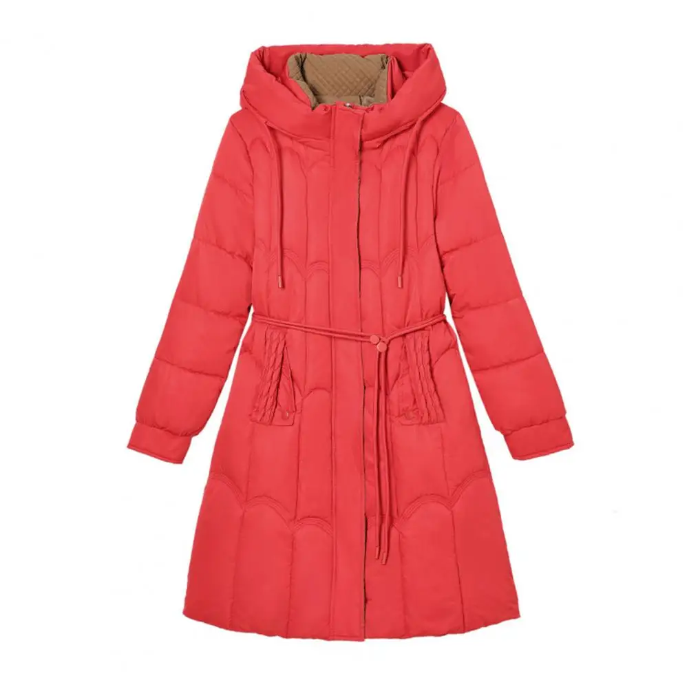 Lady Winter Down Coat Thickened Padded Hooded Pockets Zipper Closure Knee Length Windproof Heat Retention Cotton Jacket 50