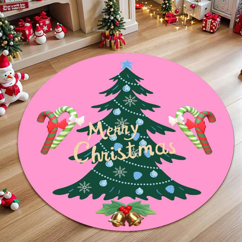 Bedroom Pink Christmas Round Carpet 60X60cm Family Living Room Bedroom Flannel Floor Mat Decoration