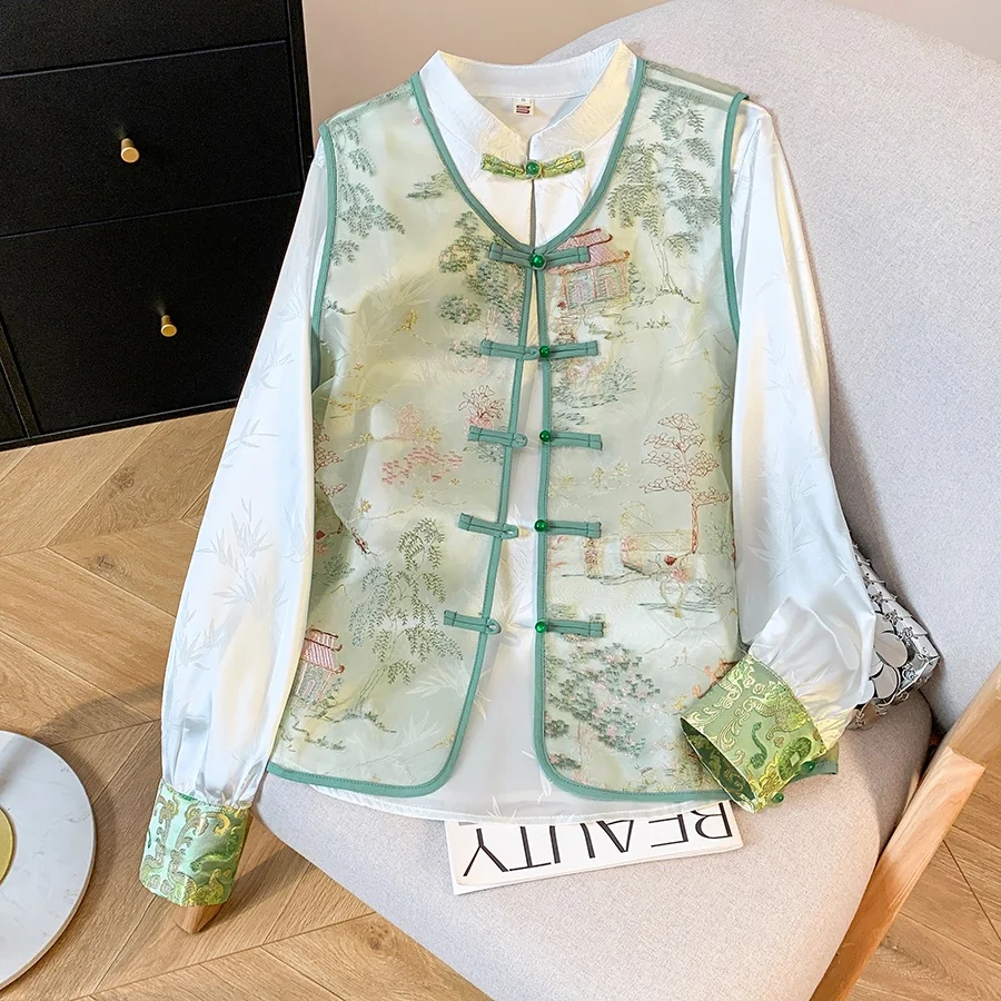 New Chinese Style Handmade Button Embroidered Satin Top Ladylike Temperament Gentle National Style Fashionable Women's Shirt